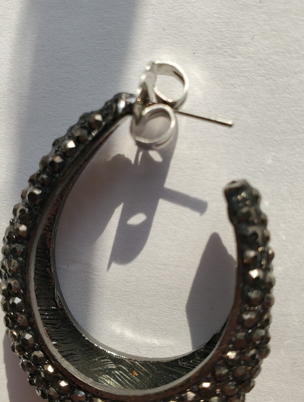 Black Open Hoop Sparkle Rhinestones Pierced Earrings Women Jewelry Preowned - Picture 6 of 8